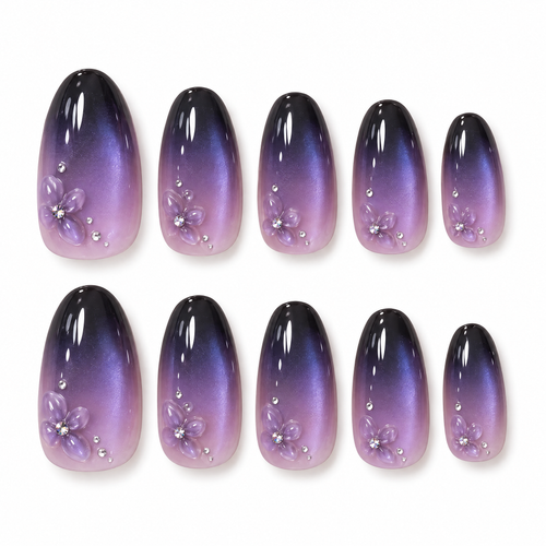Black to Purple Cat Eye Press On Nails