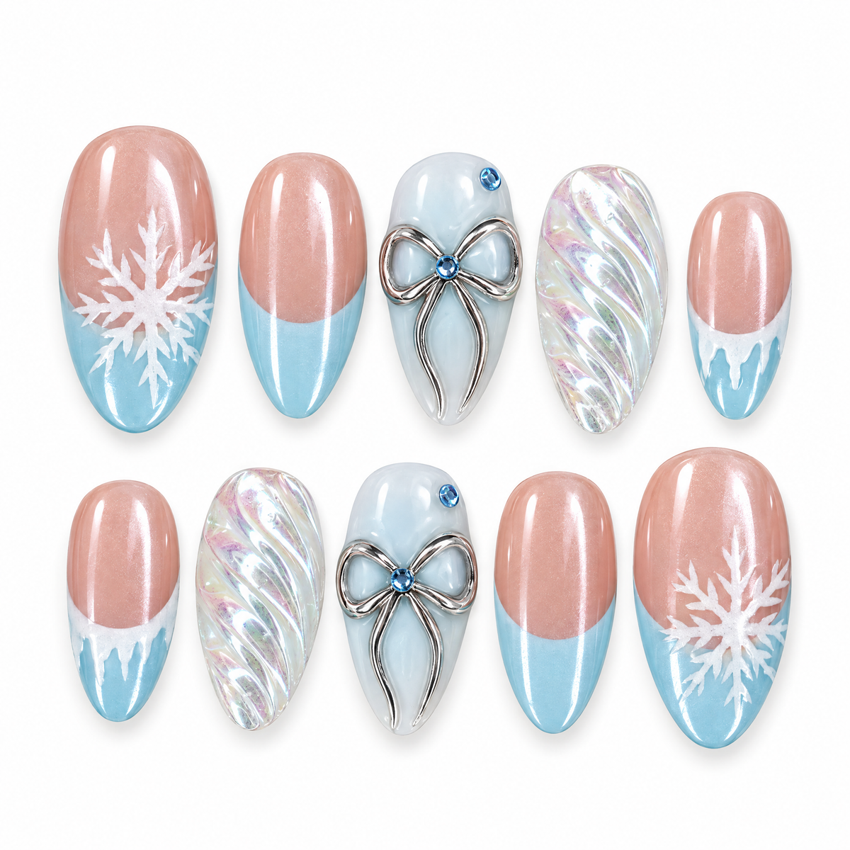 Snowflake & Silver Bow French Press On Nails