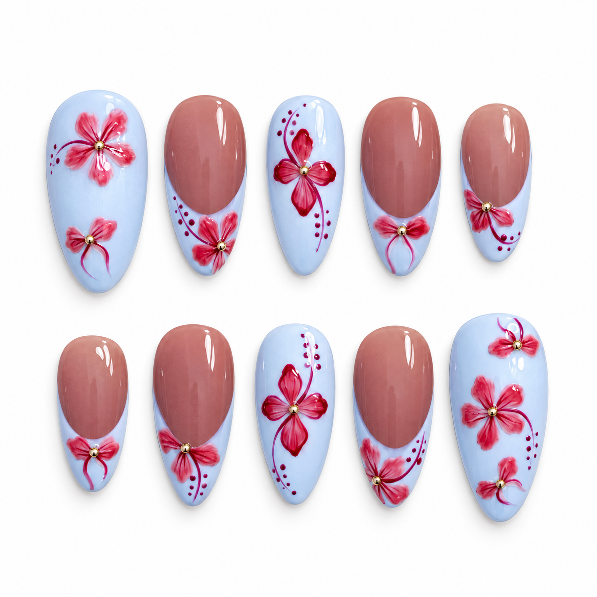 Pastel Blue Floral Almond Press On Nails