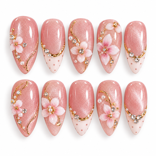 Blush Pink 3D Flower & Pearl Press On Nails