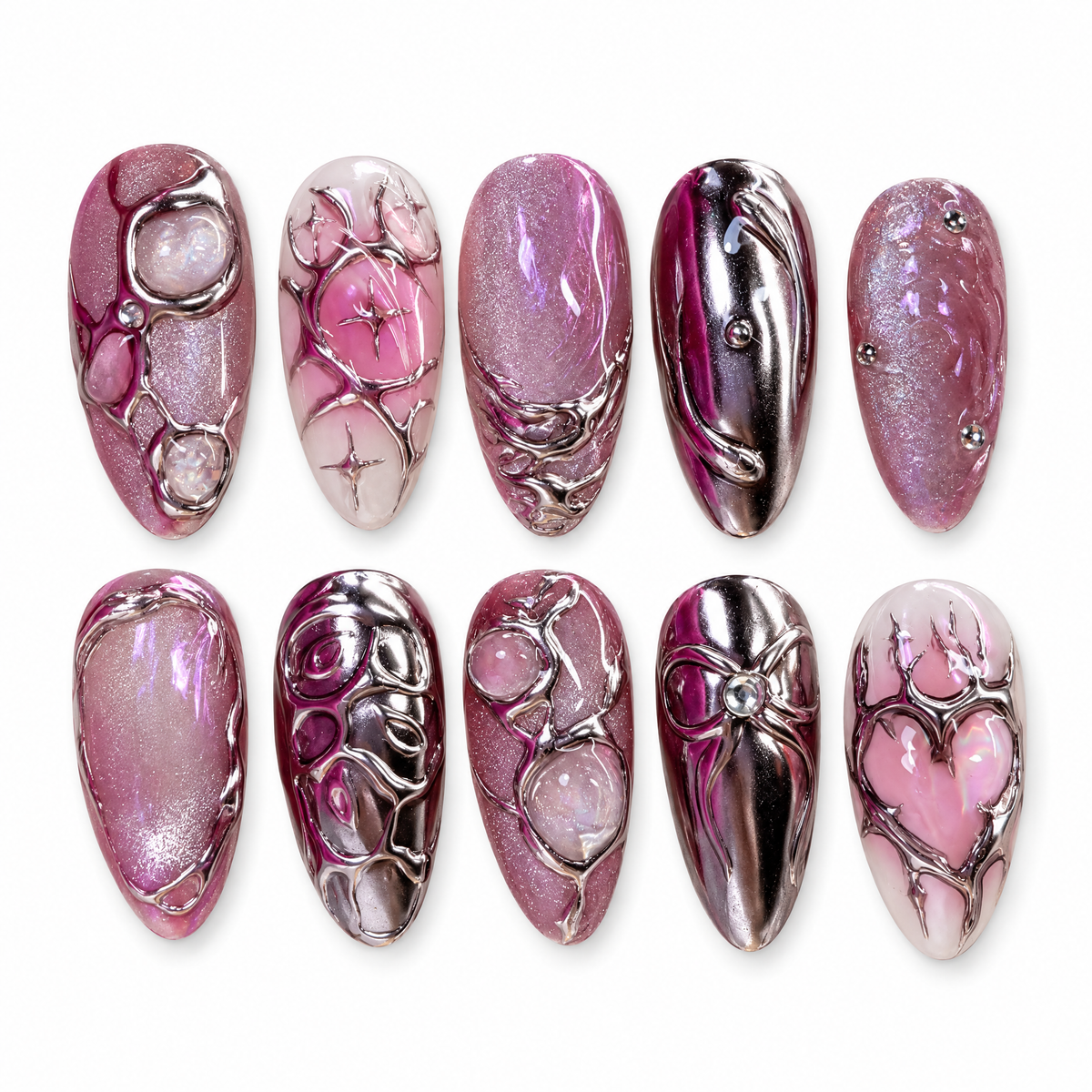 Pink Chrome 3D Heart Aura Press On Nails