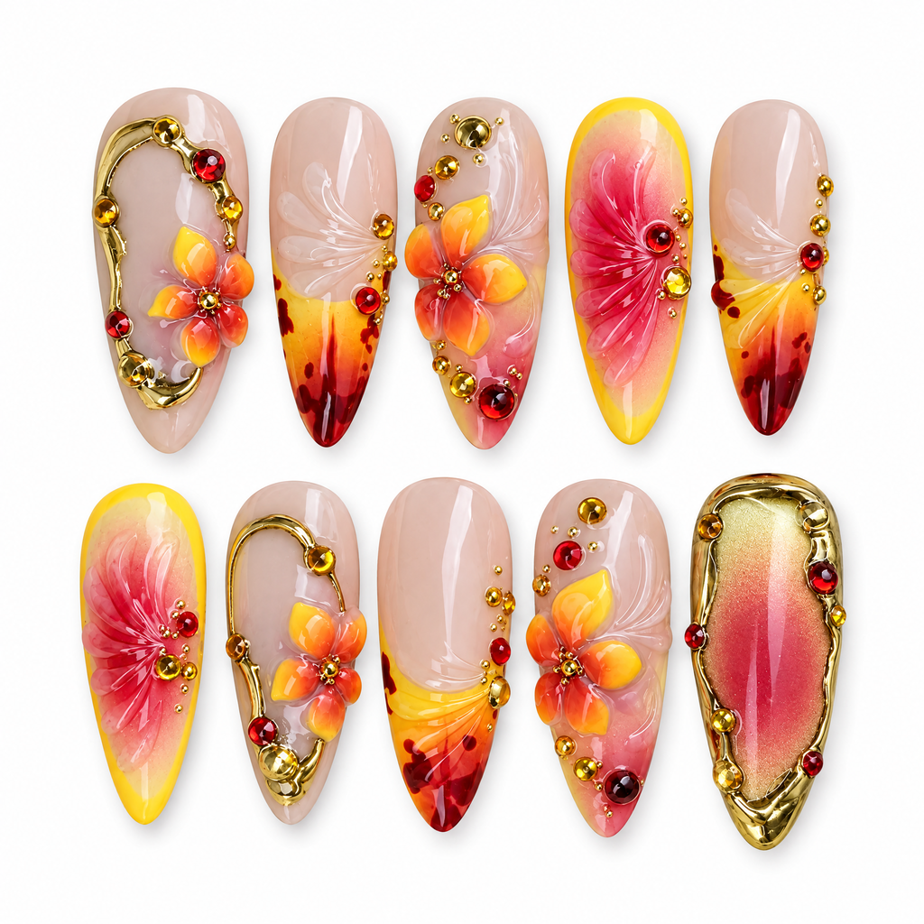 Sunset Floral Gold Chrome Press On Nails