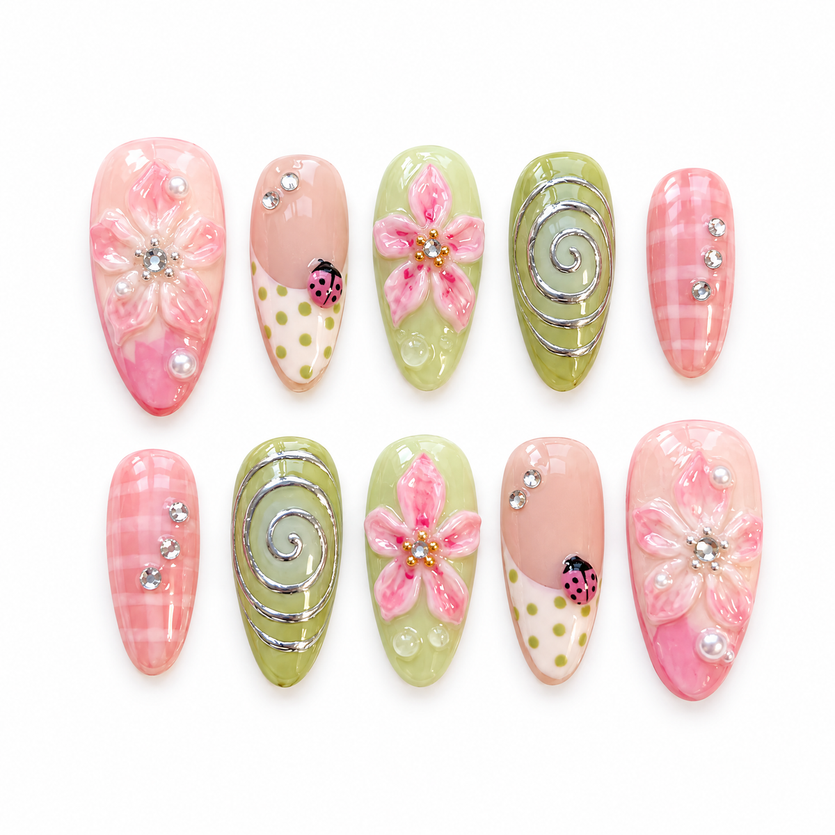 Pink Flower & Ladybug Short Almond Press On Nails
