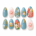 Dusty Blue Japanese Floral Press On Nails