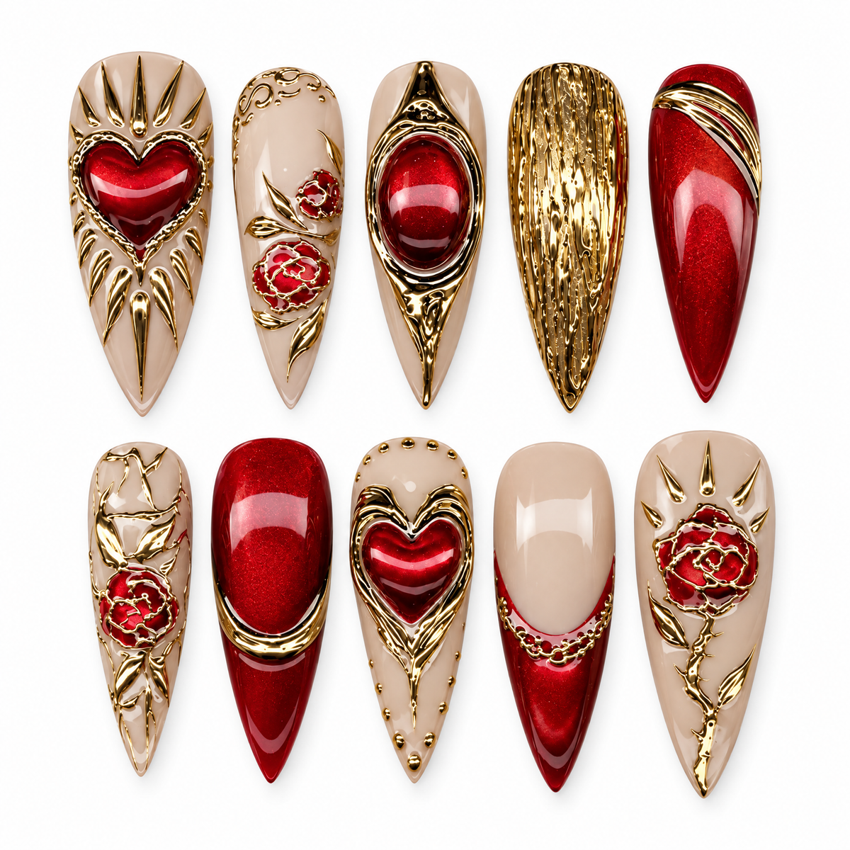 Red Chrome 3D Heart & Rose Press On Nails