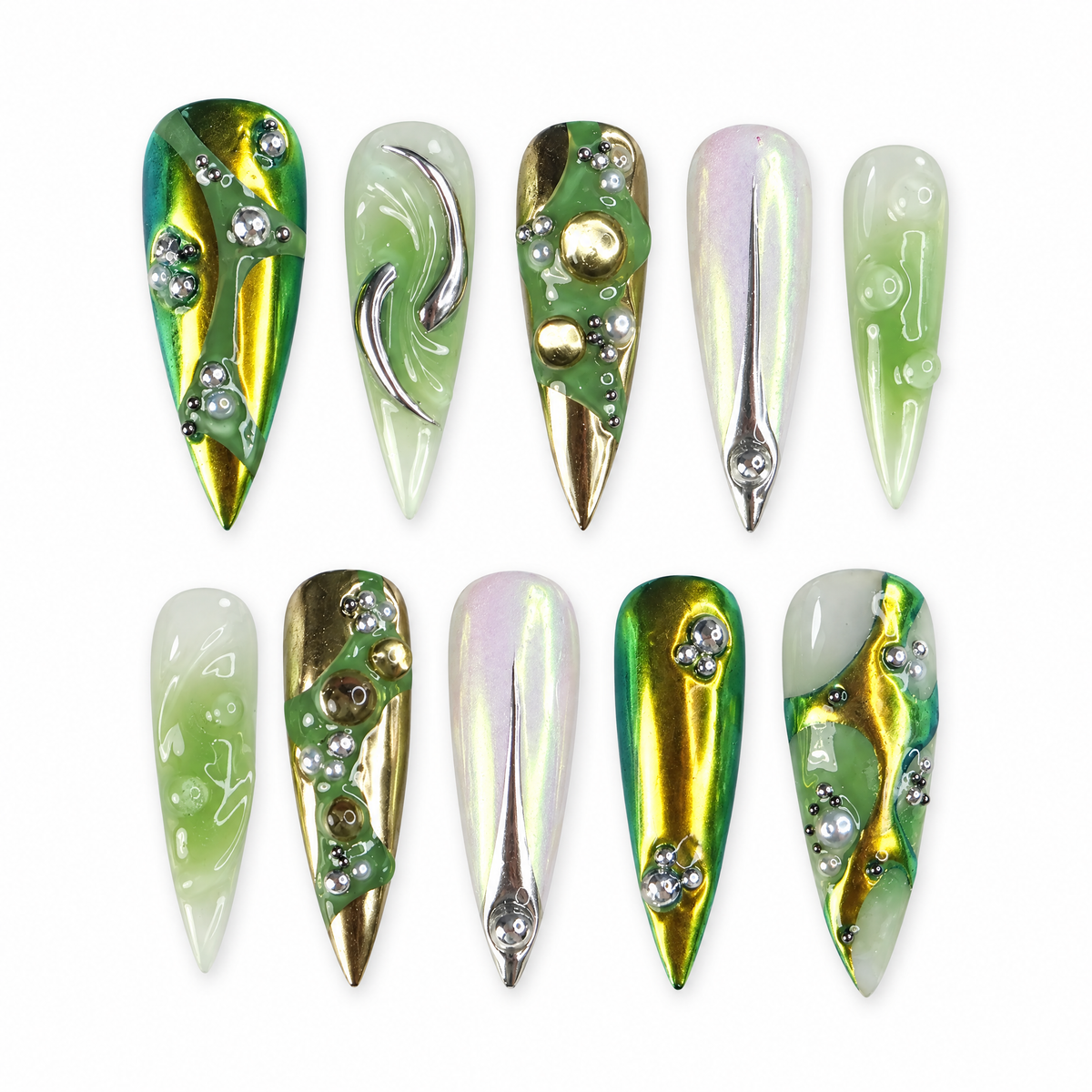 Green Chrome Abstract Stiletto Press On Nails