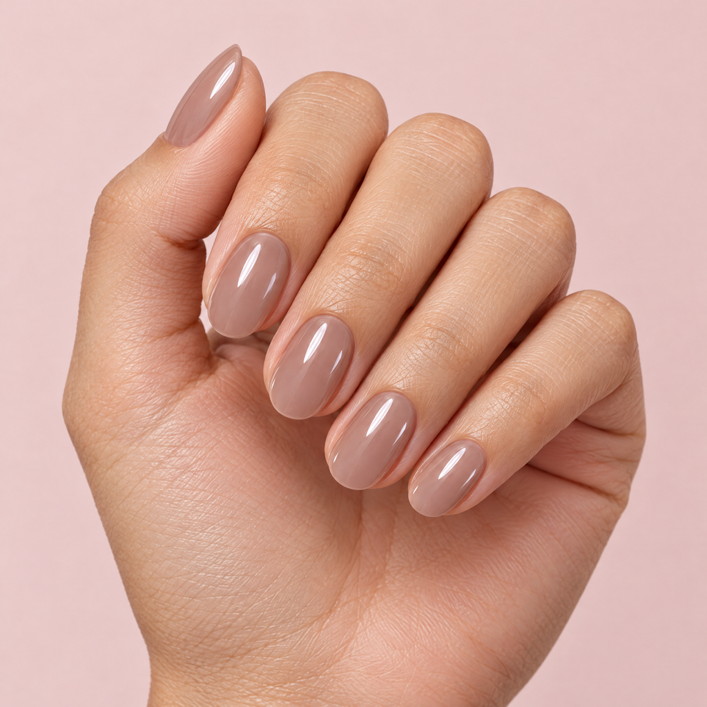 Sheer Taupe Glossy Short Almond Press On Nails worn on a hand
