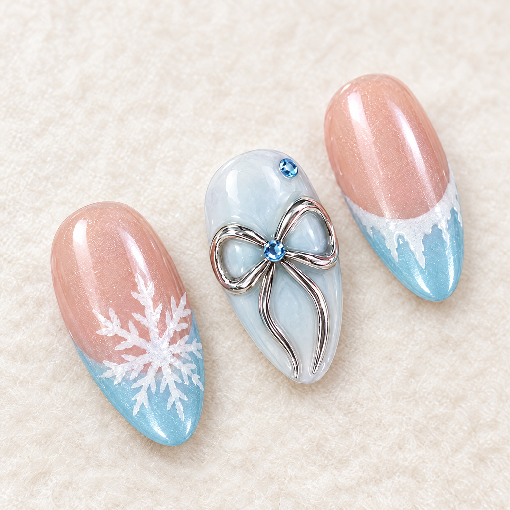 Snowflake & Silver Bow French Press On Nails nail art close-up