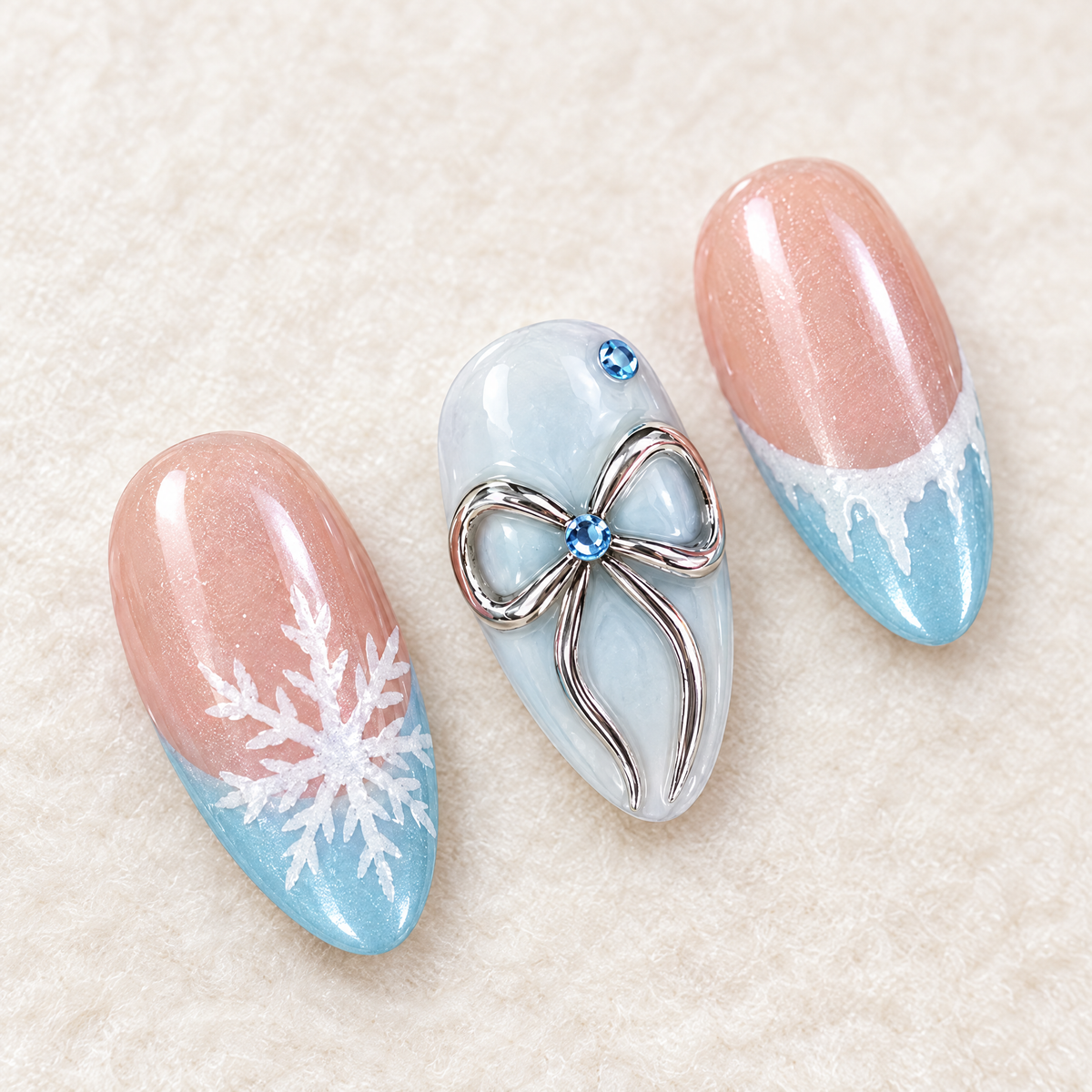 Snowflake & Silver Bow French Press On Nails nail art close-up