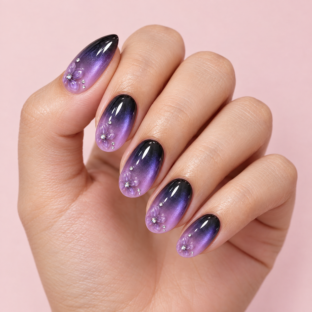 Black to Purple Cat Eye Press On Nails worn on a hand