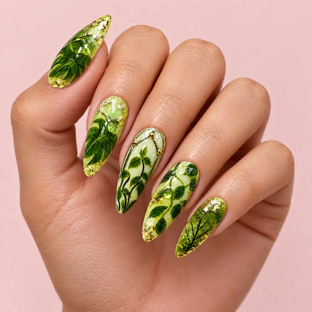Green Botanical Leaf Long Almond Press On Nails worn on a hand