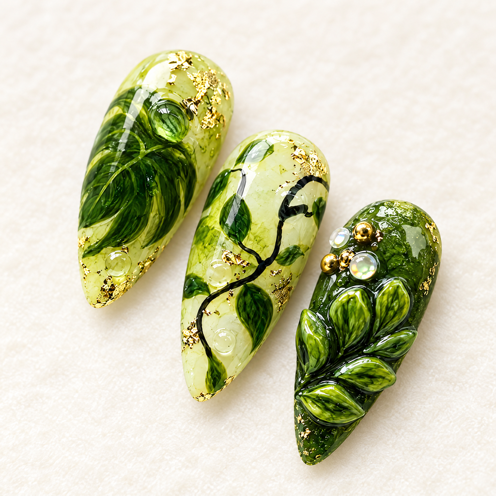 Green Botanical Leaf Long Almond Press On Nails nail art close-up