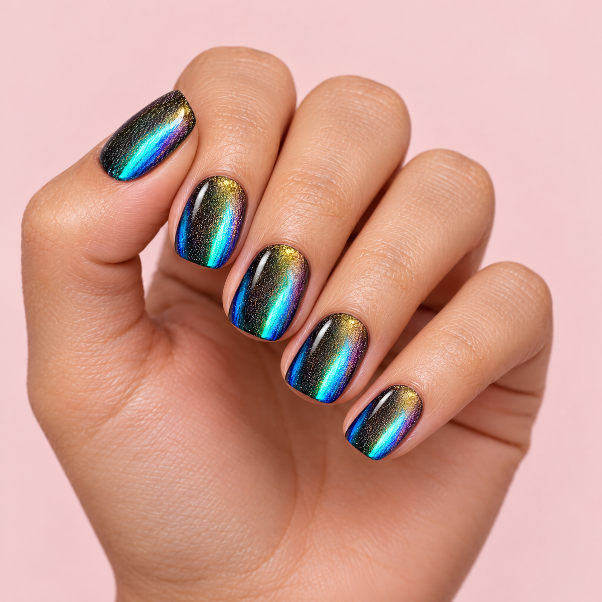 Color Shift Chrome Cat Eye Press On Nails worn on a hand