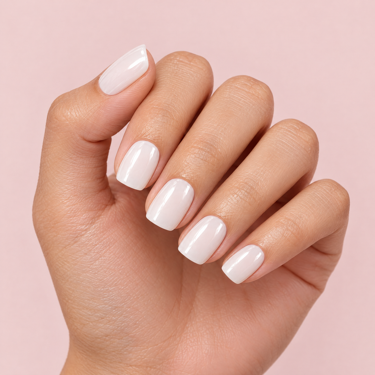 Milky White Short Square Bridal Press On Nails worn on a hand