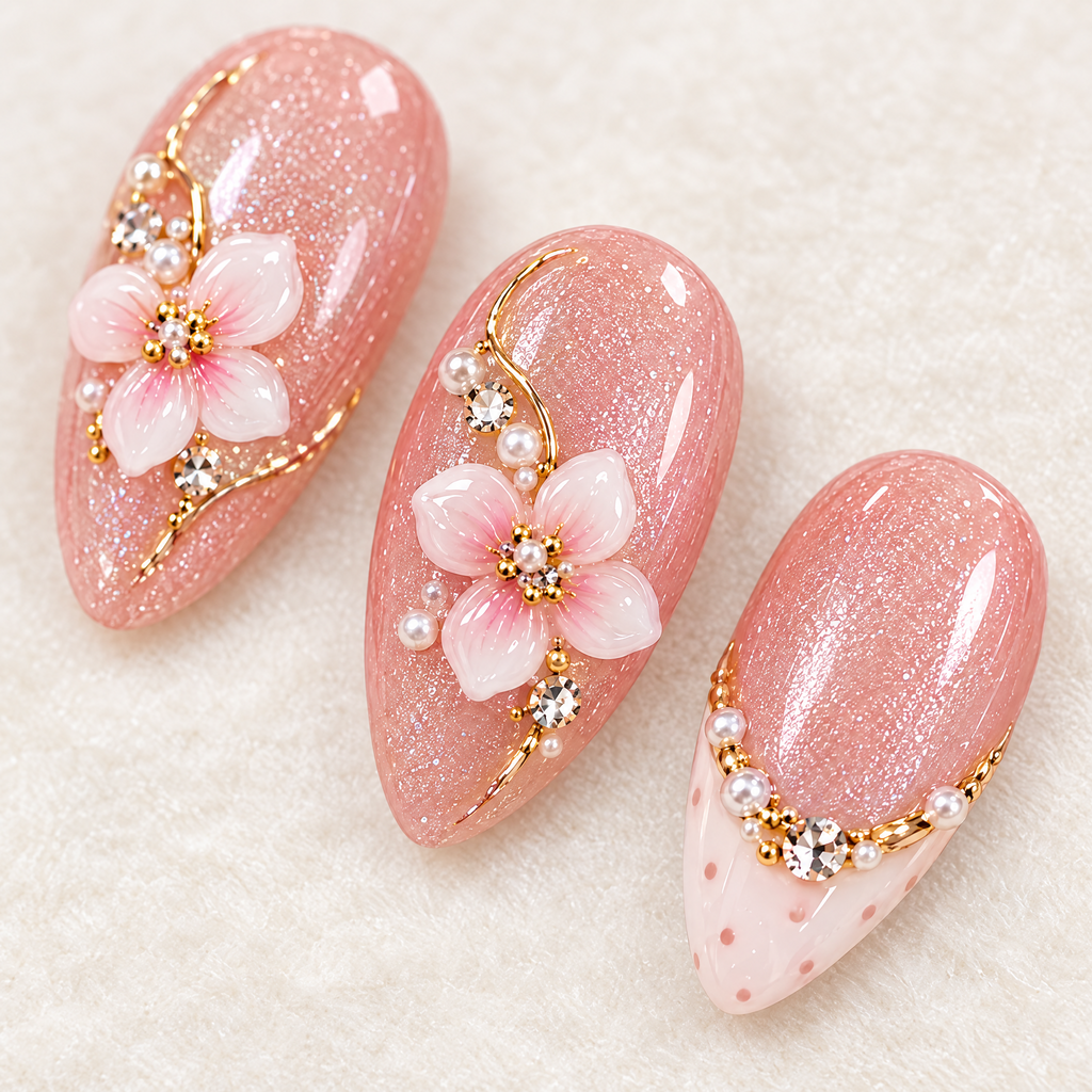 Blush Pink 3D Flower & Pearl Press On Nails nail art close-up