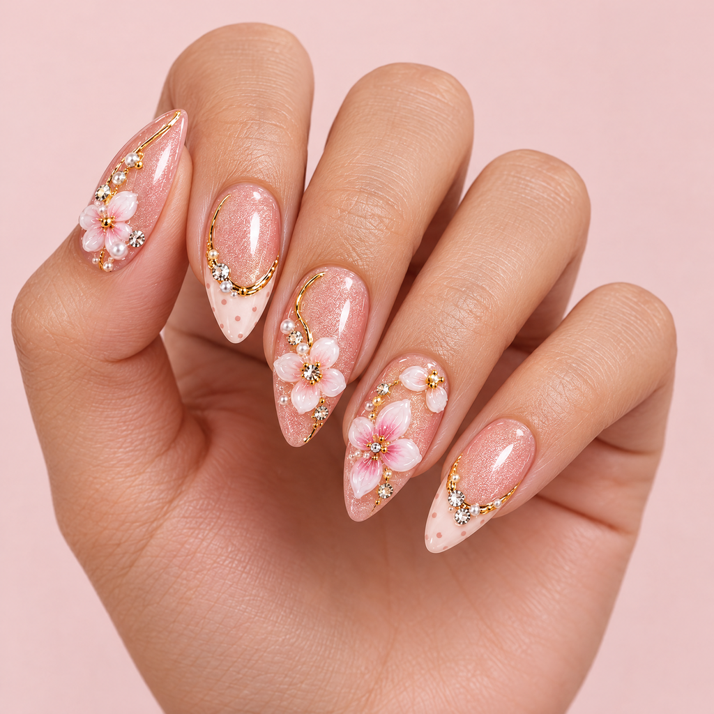 Blush Pink 3D Flower & Pearl Press On Nails worn on a hand