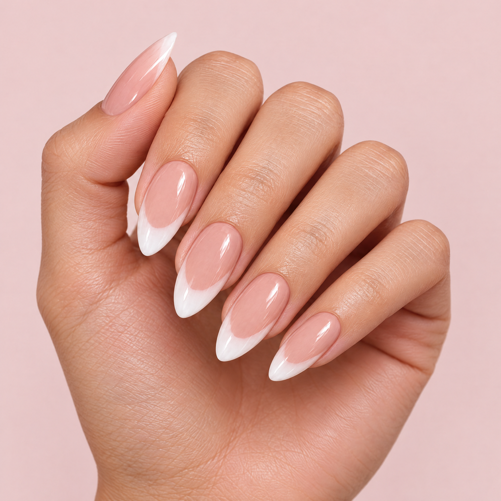 Milky Nude Natural French Press On Nails worn on a hand