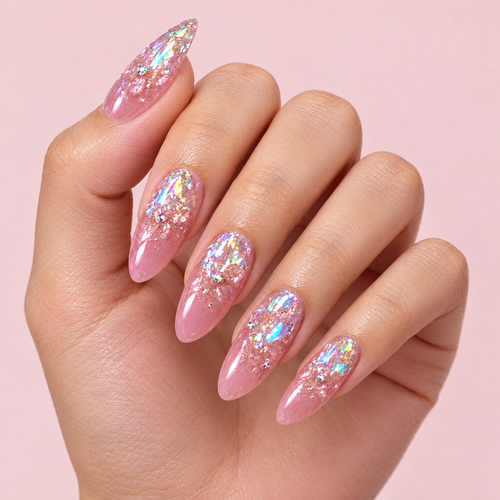 Aurora Crystal Glitter Press On Nails worn on a hand