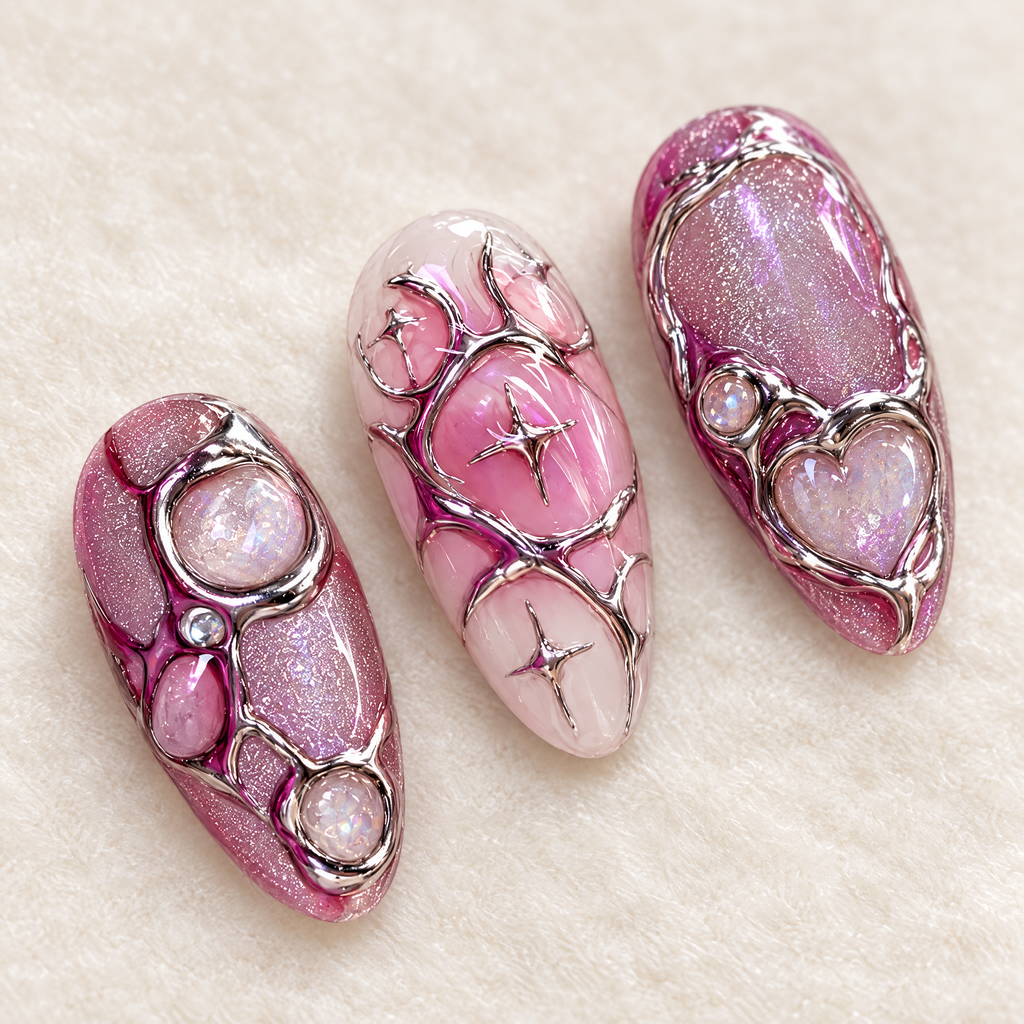 Pink Chrome 3D Heart Aura Press On Nails nail art close-up