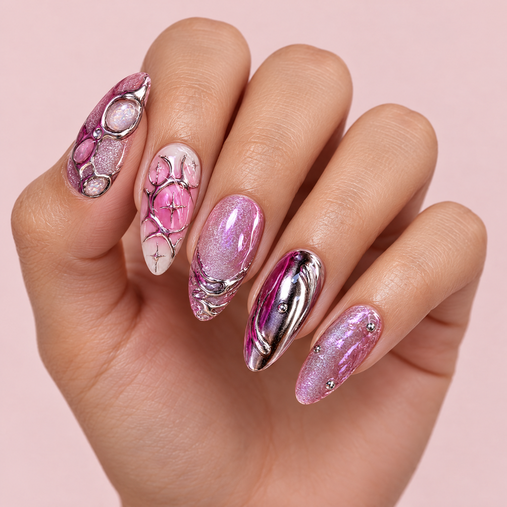 Pink Chrome 3D Heart Aura Press On Nails worn on a hand