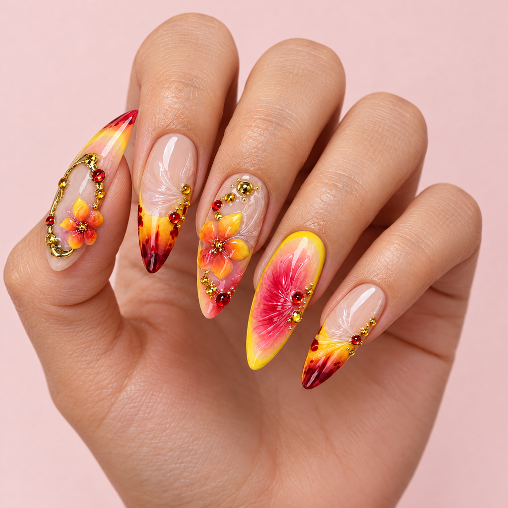 Sunset Floral Gold Chrome Press On Nails worn on a hand