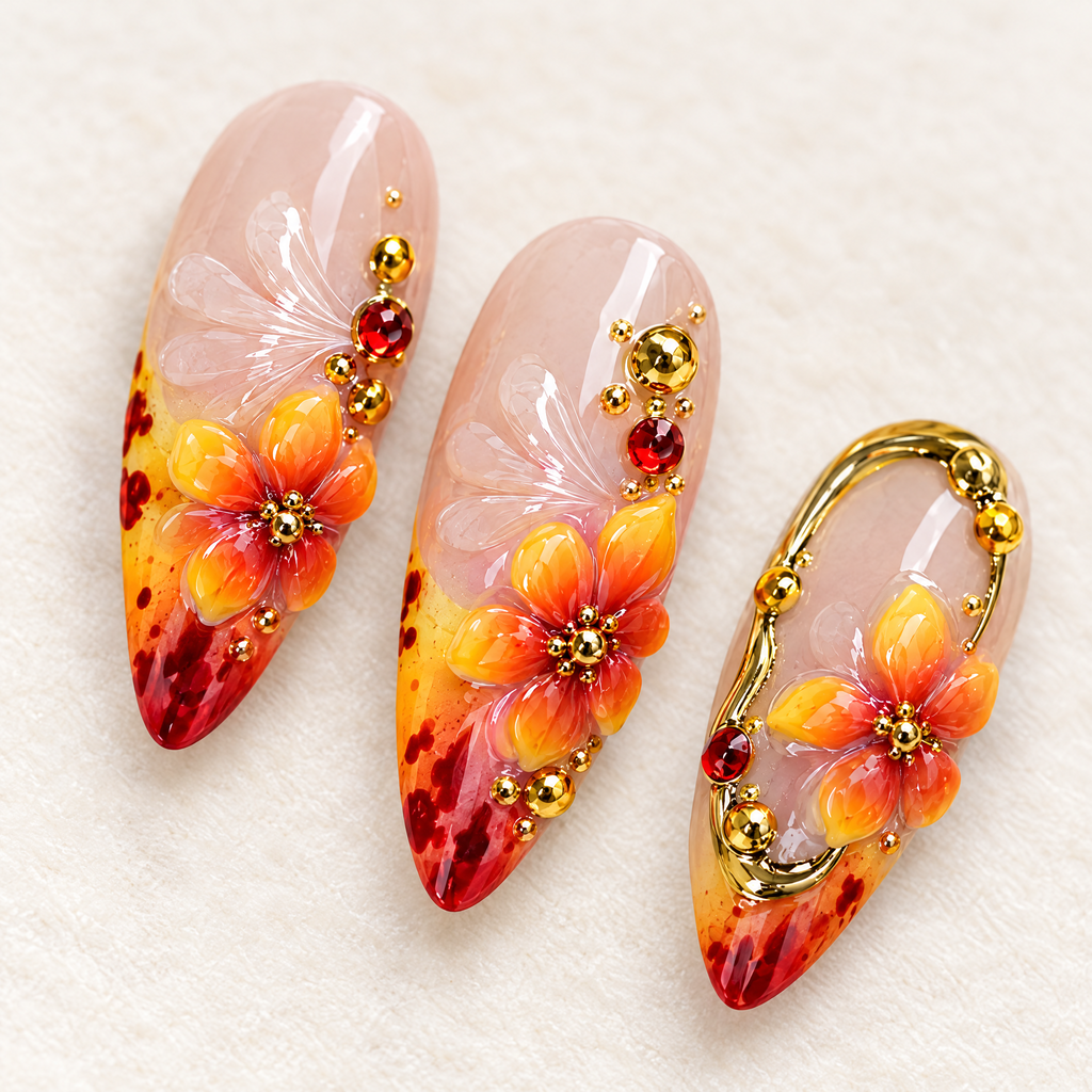Sunset Floral Gold Chrome Press On Nails nail art close-up