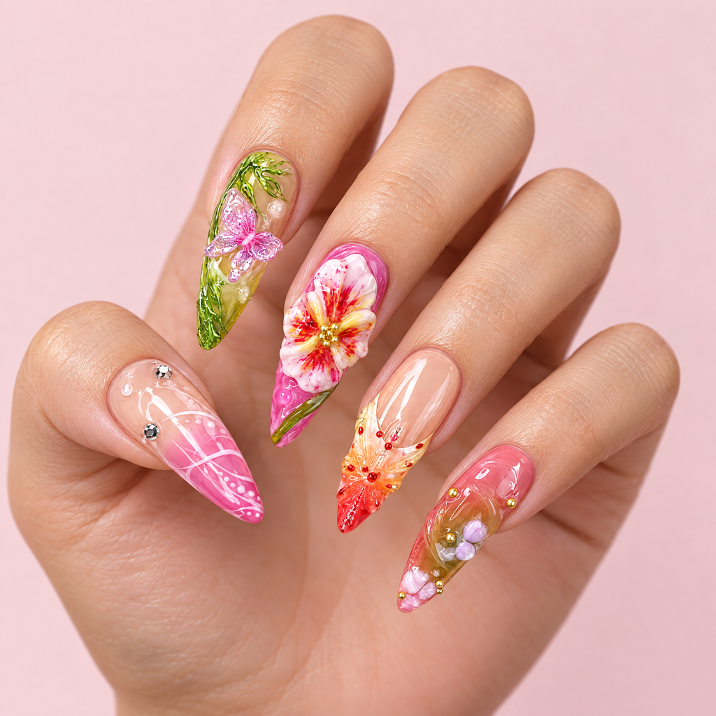 Secret Garden Mixed Art Press On Nails worn on a hand