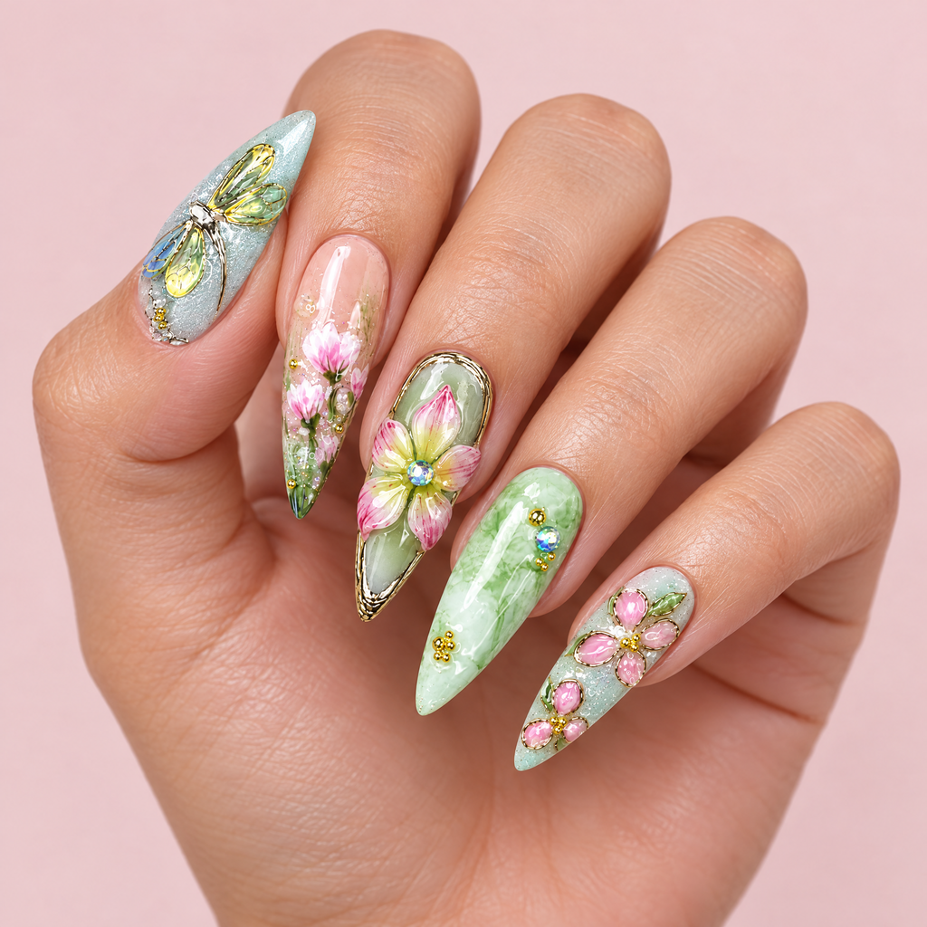 Dragonfly & Pink Flower Press On Nails worn on a hand
