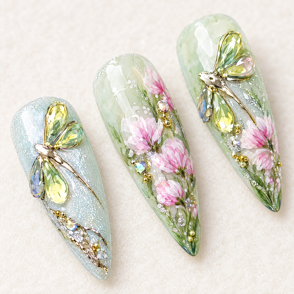 Dragonfly & Pink Flower Press On Nails nail art close-up