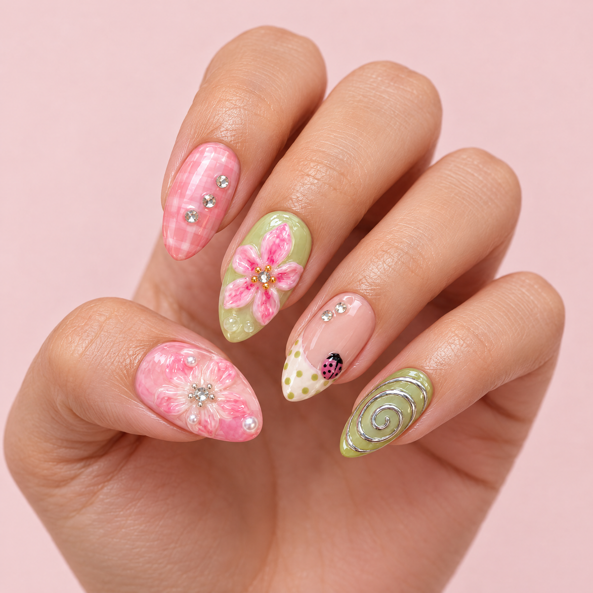 Pink Flower & Ladybug Short Almond Press On Nails worn on a hand