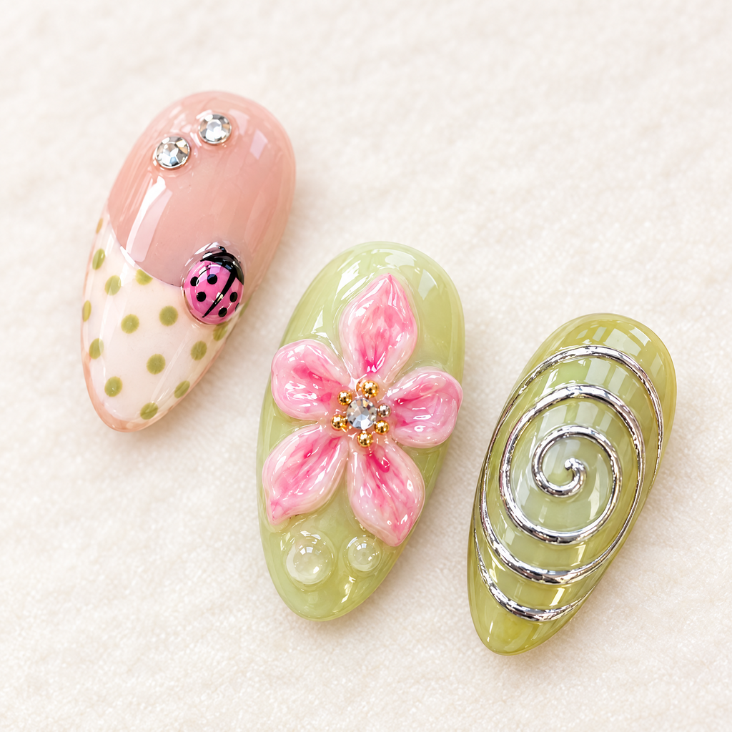 Pink Flower & Ladybug Short Almond Press On Nails nail art close-up