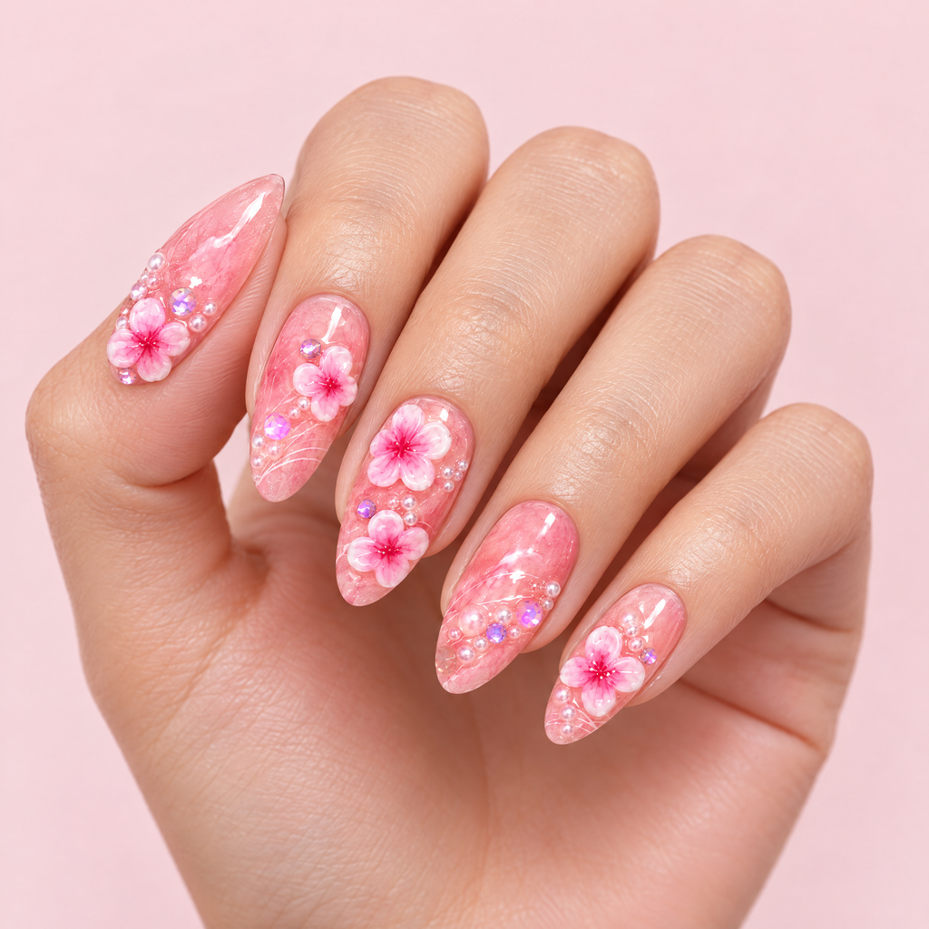Sakura Blossom 3D Pearl Press On Nails worn on a hand