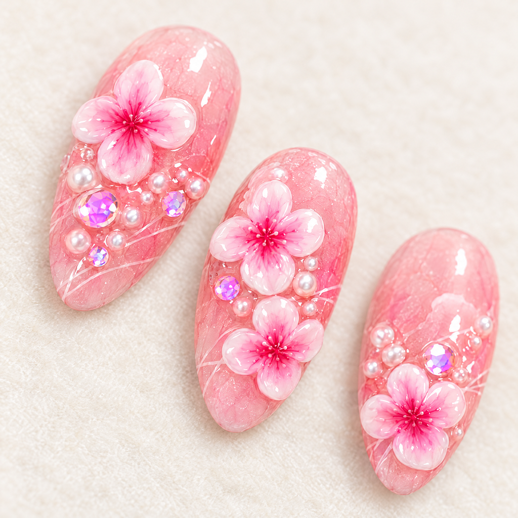 Sakura Blossom 3D Pearl Press On Nails nail art close-up