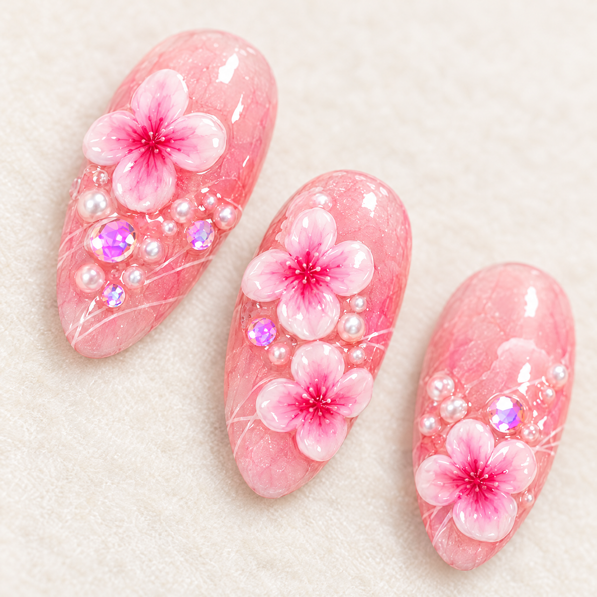 Sakura Blossom 3D Pearl Press On Nails nail art close-up