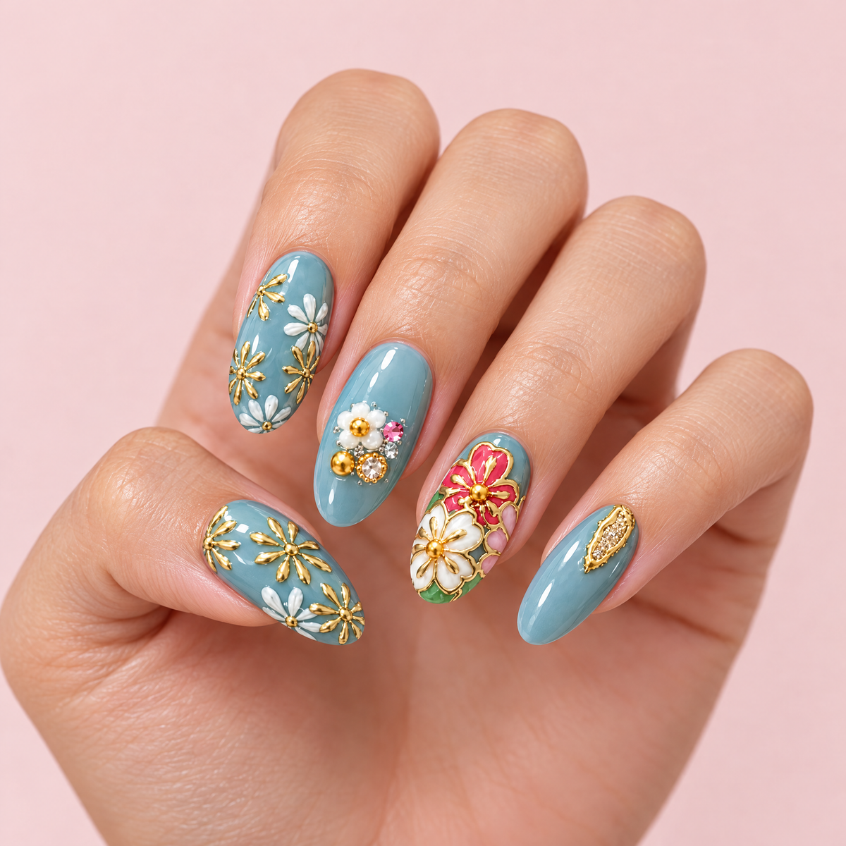 Dusty Blue Japanese Floral Press On Nails worn on a hand