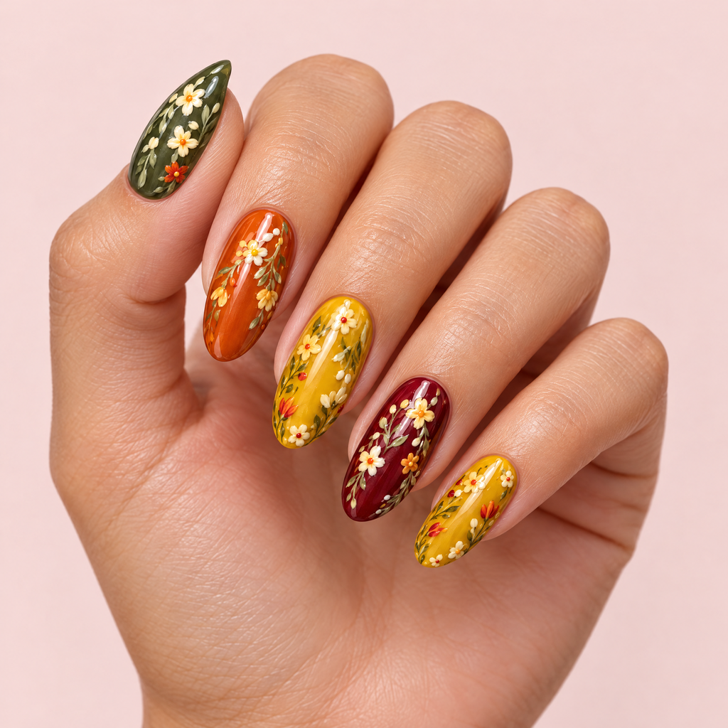 Earth Tone Daisy Press On Nails worn on a hand