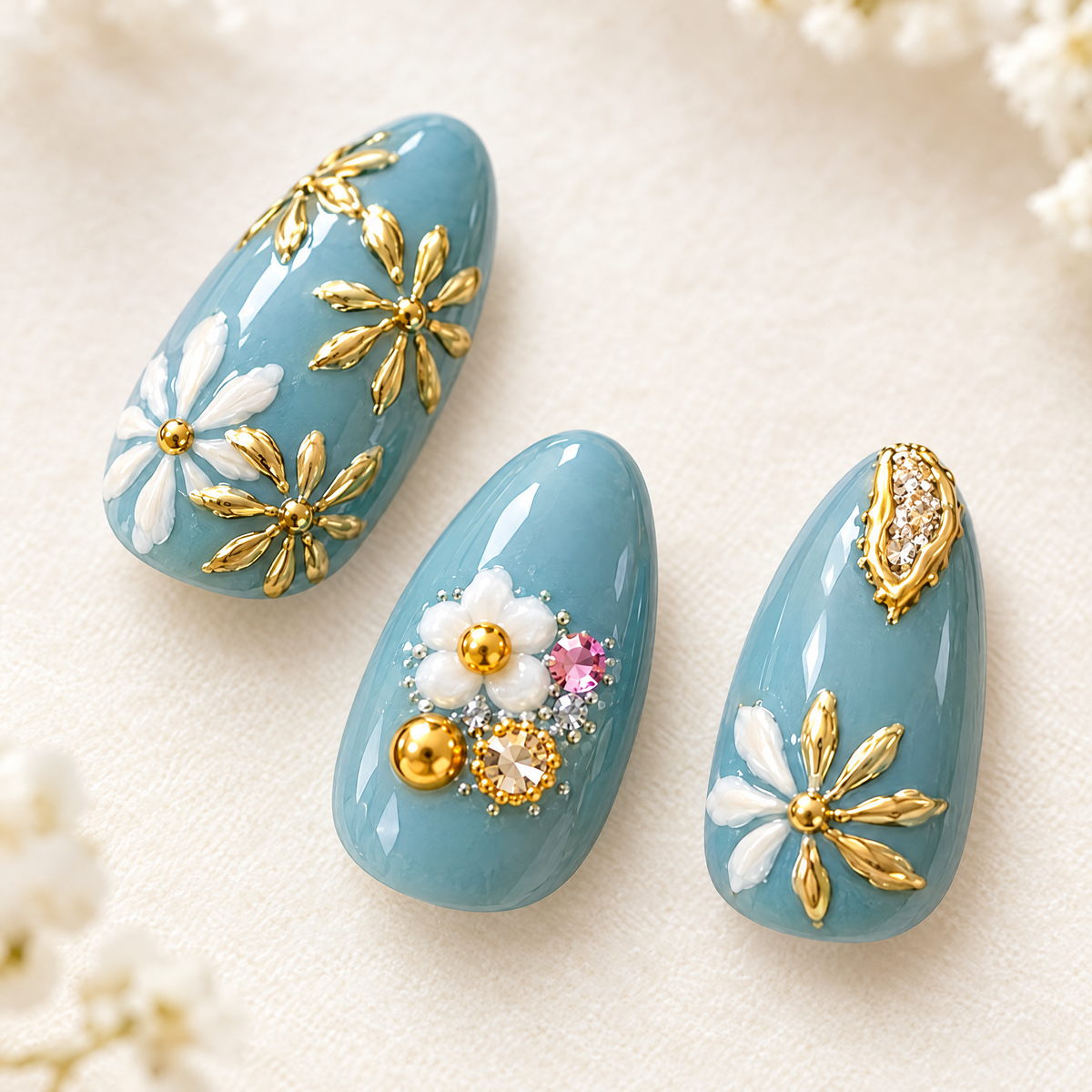 Dusty Blue Japanese Floral Press On Nails nail art close-up