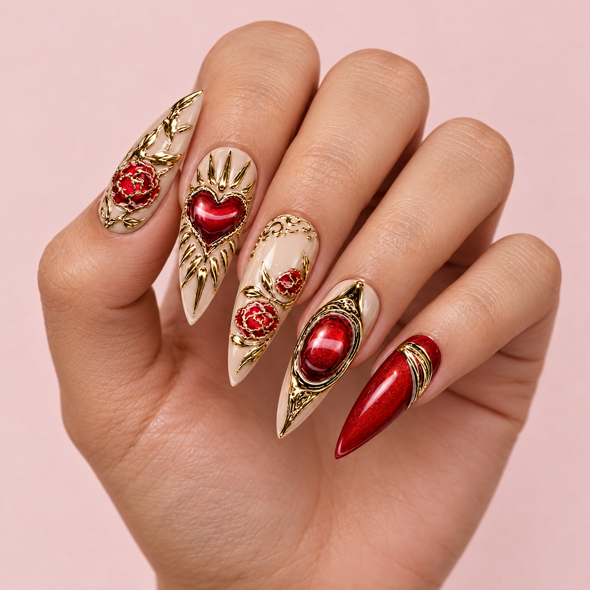 Red Chrome 3D Heart & Rose Press On Nails worn on a hand