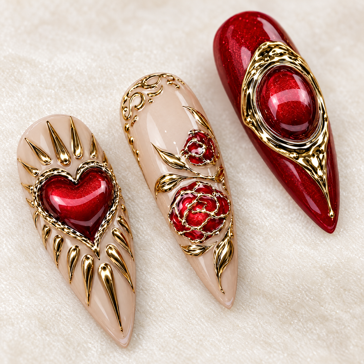 Red Chrome 3D Heart & Rose Press On Nails nail art close-up