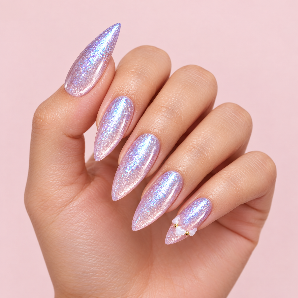 Moonlit Amethyst Cat Eye Press On Nails worn on a hand