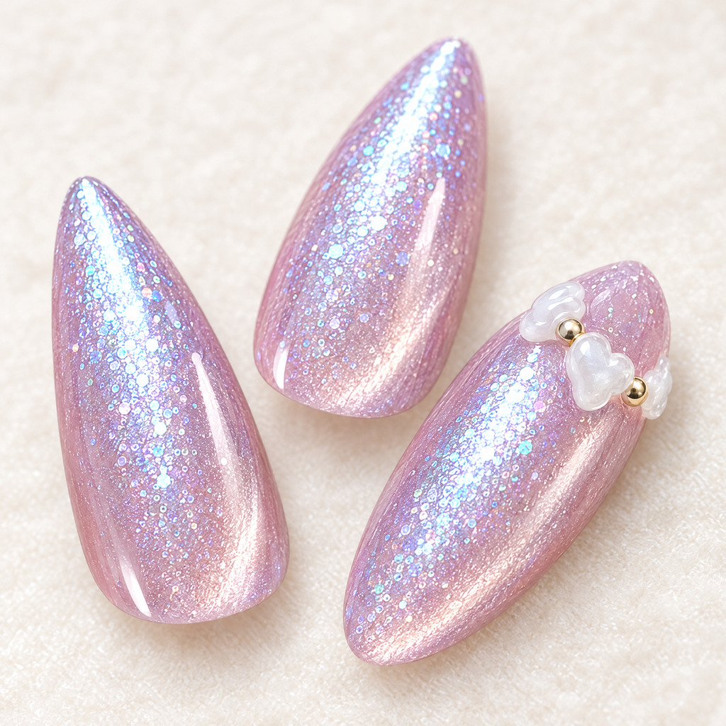 Moonlit Amethyst Cat Eye Press On Nails nail art close-up