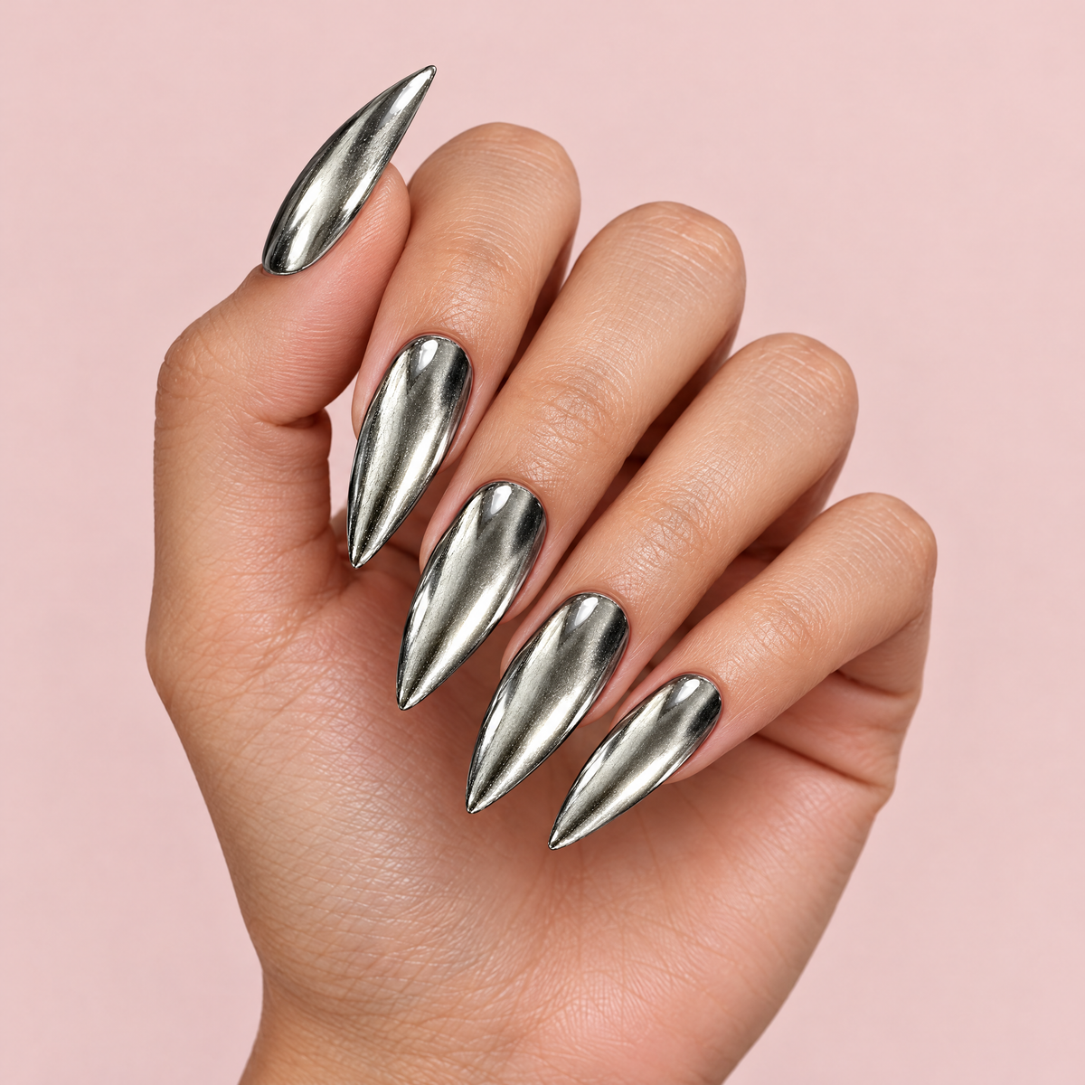Silver Mirror Chrome Press On Nails worn on a hand