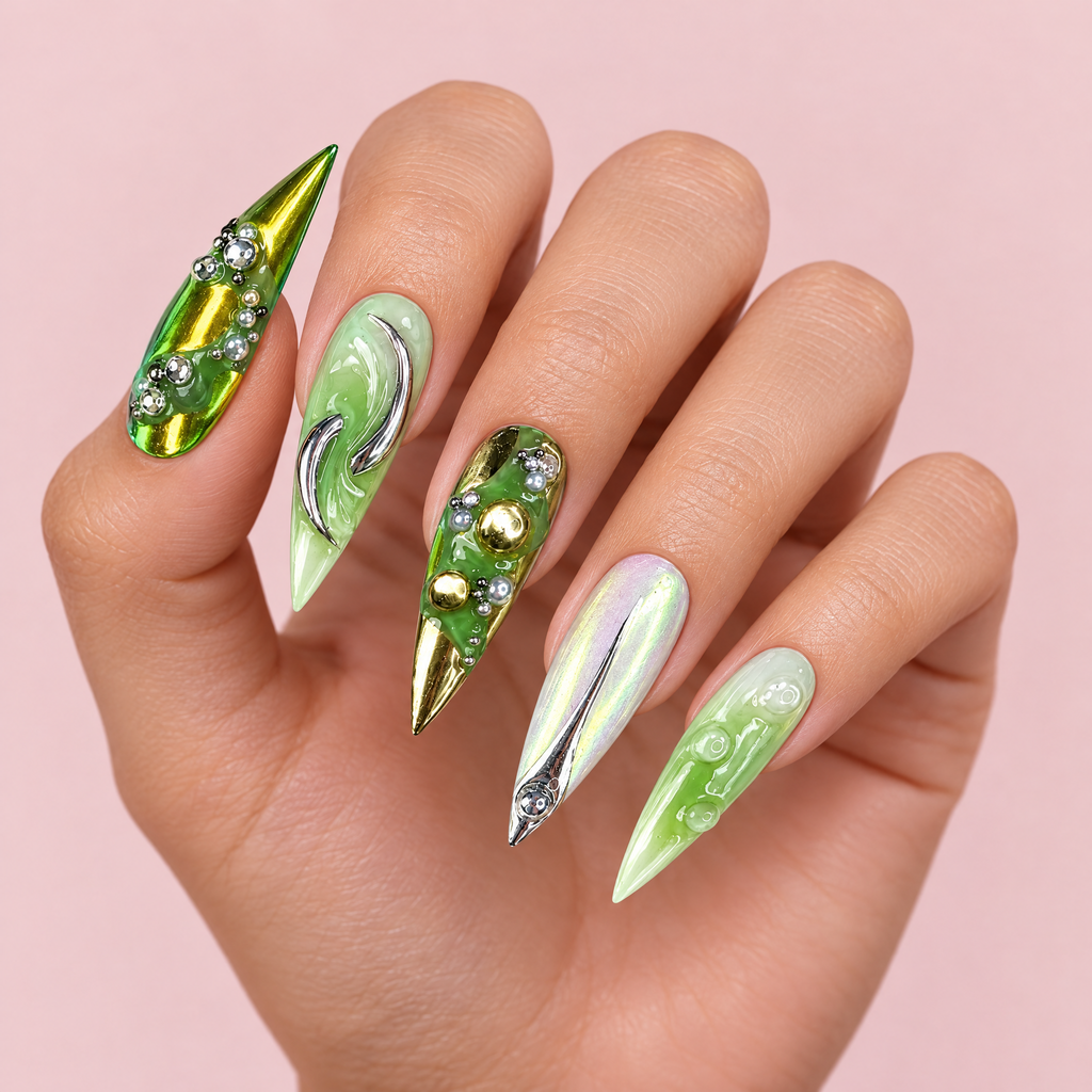 Green Chrome Abstract Stiletto Press On Nails worn on a hand