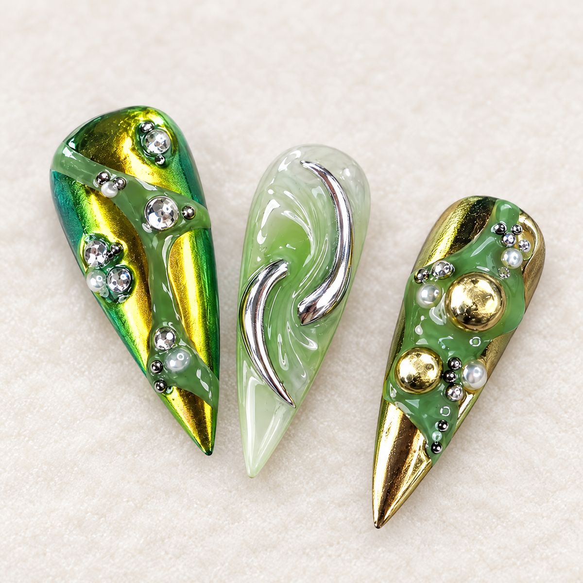 Green Chrome Abstract Stiletto Press On Nails nail art close-up
