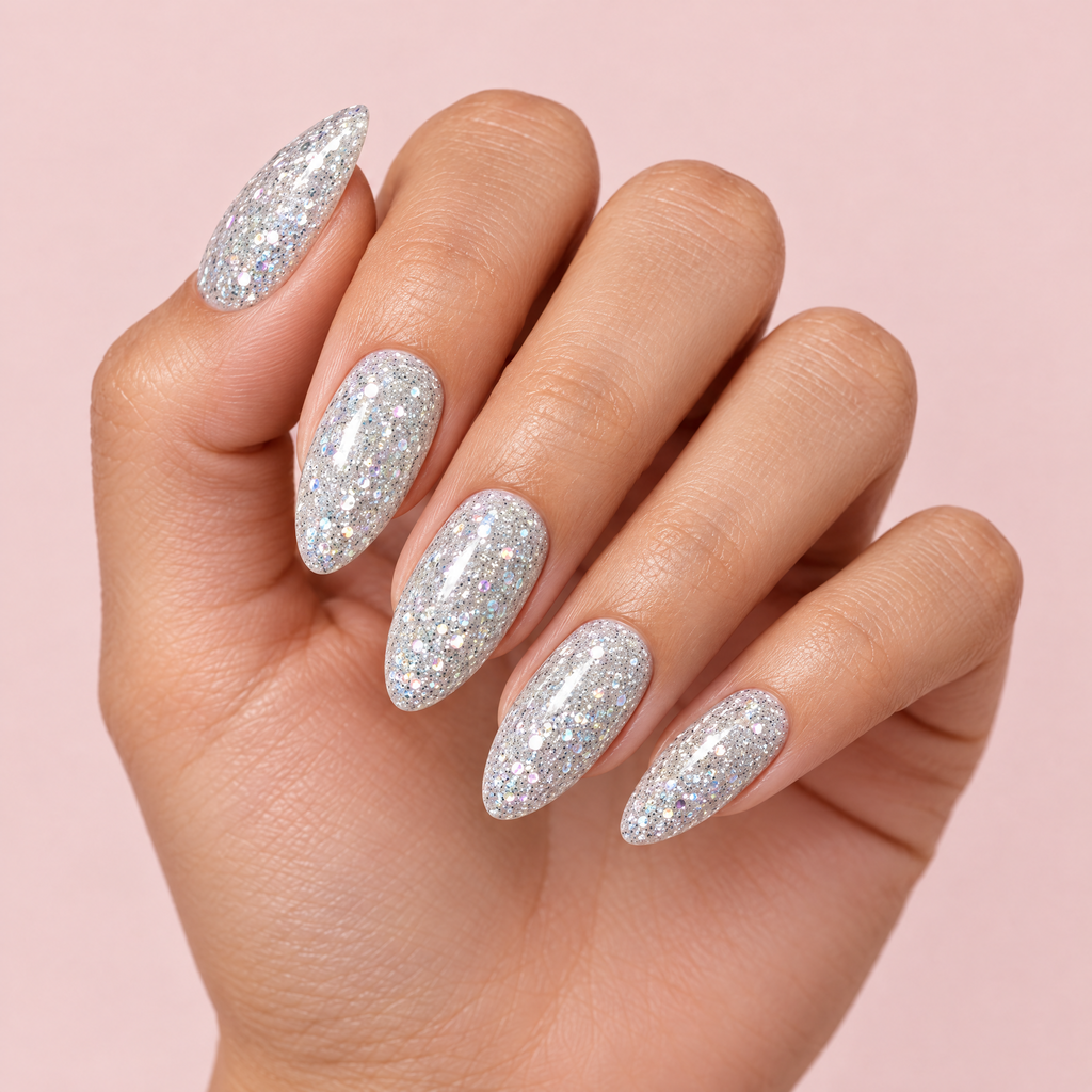 Holographic Sugar Glitter Press On Nails worn on a hand
