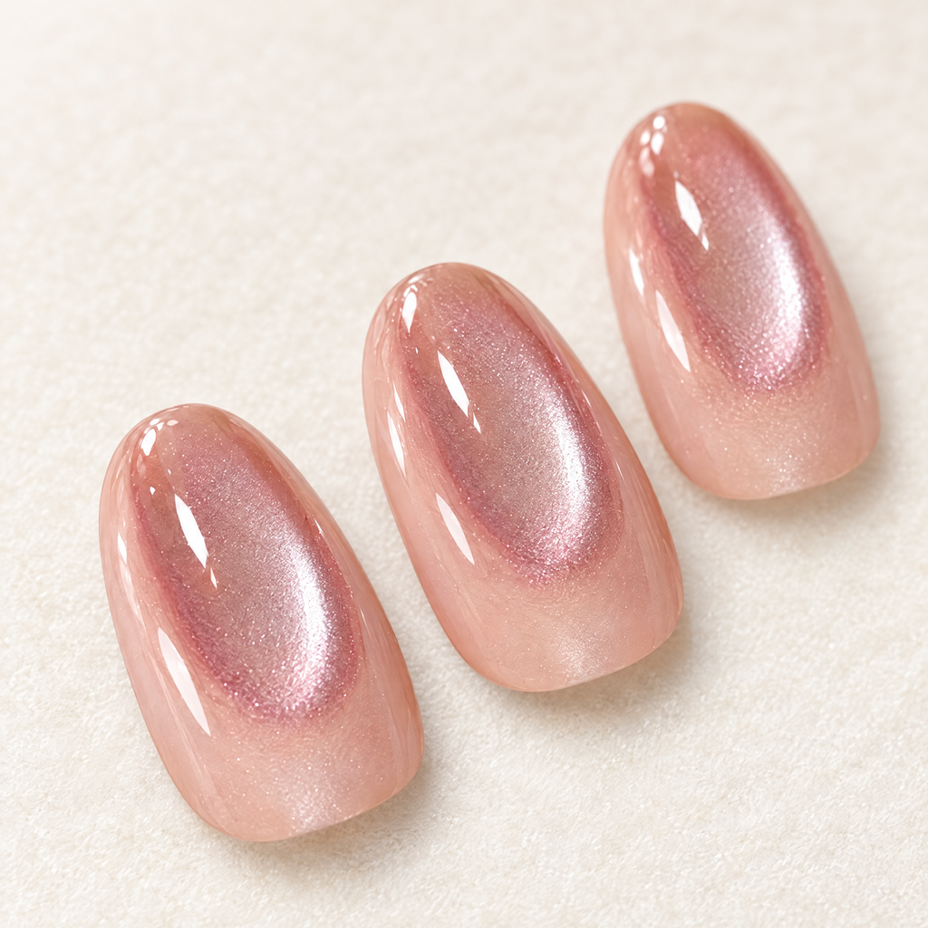 Rosy Nude Cat Eye Press On Nails nail art close-up