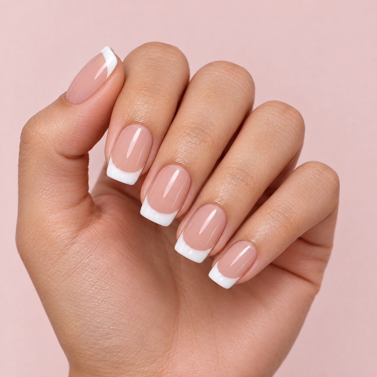 Classic Milky French Tip Press On Nails worn on a hand