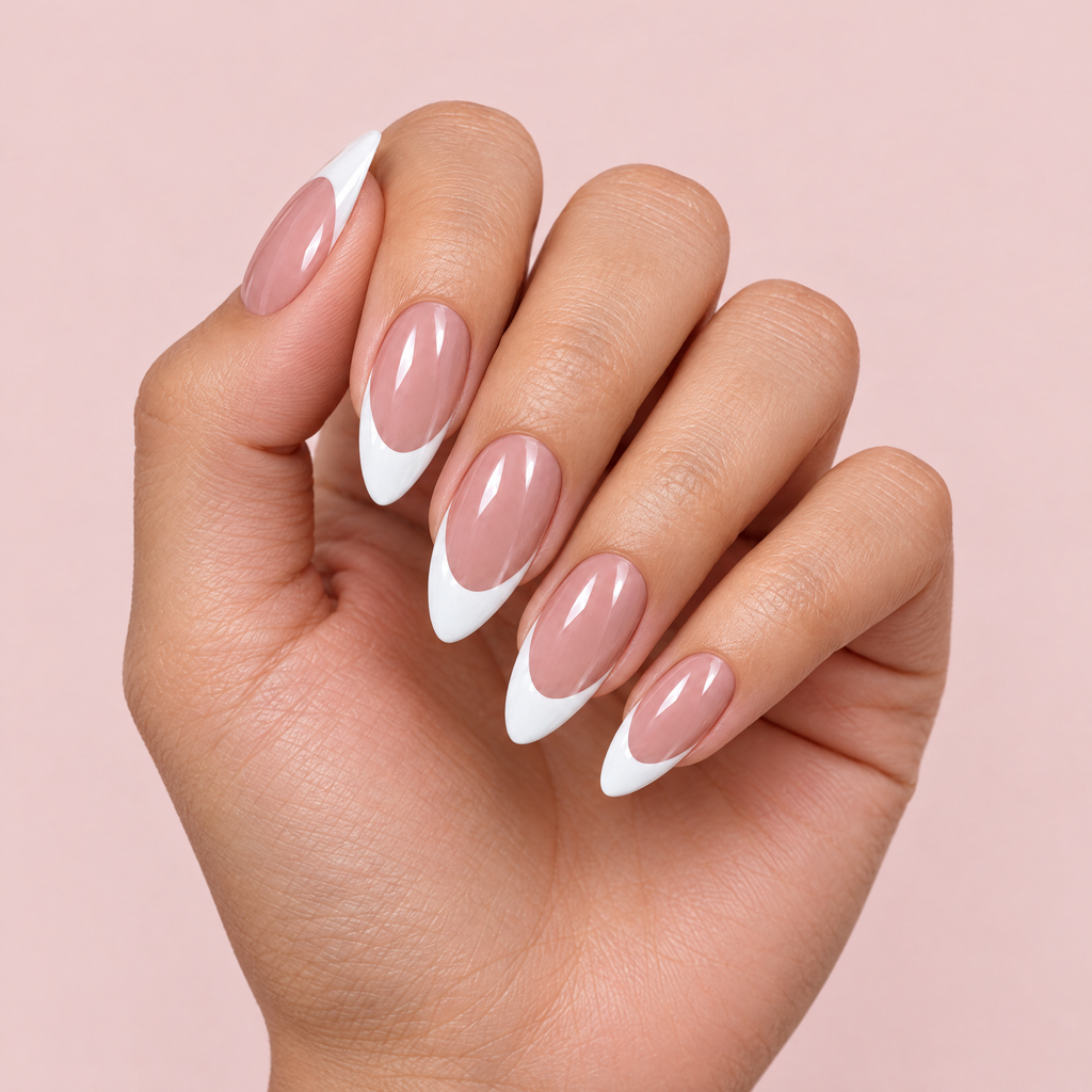 Classic White French Almond Press On Nails worn on a hand
