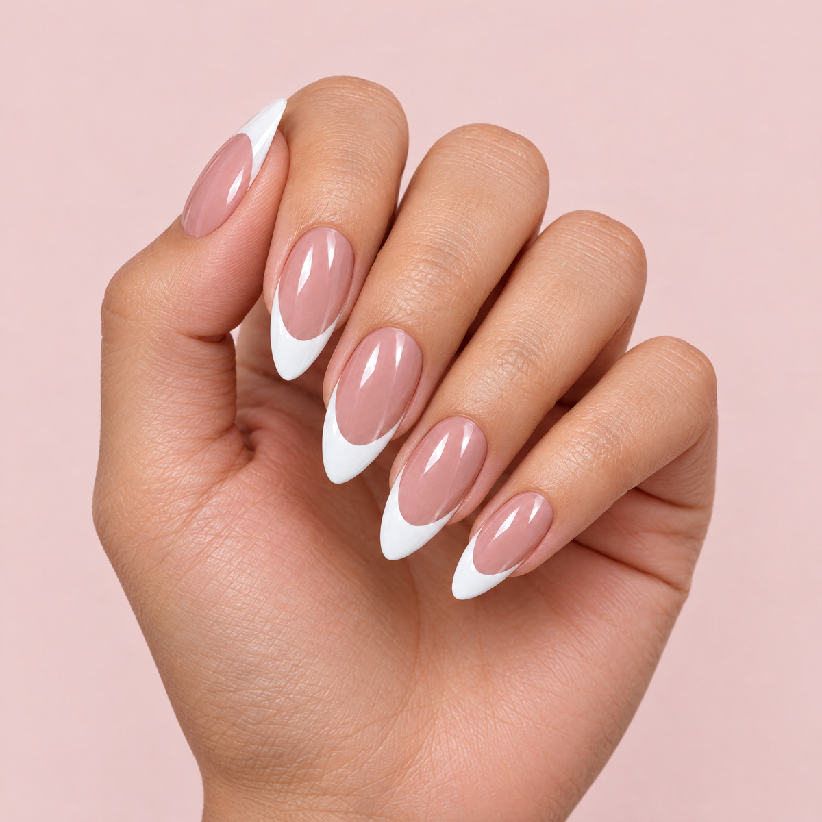 Classic White French Almond Press On Nails worn on a hand