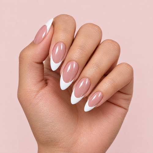 Classic White French Almond Press On Nails worn on a hand